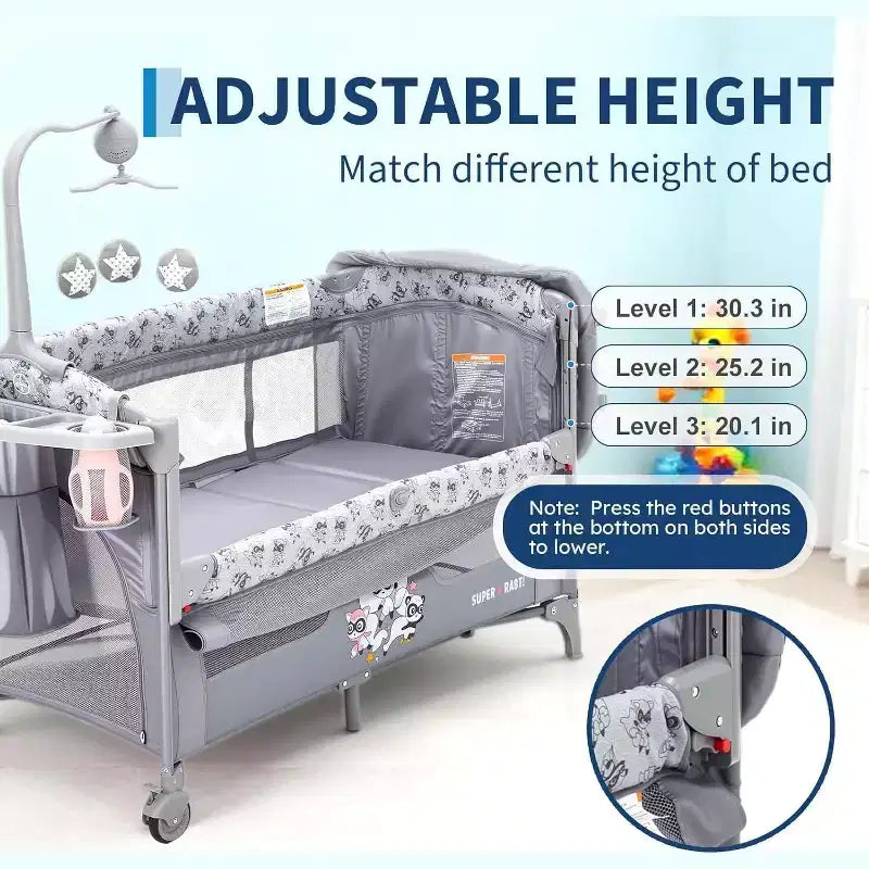 4-in-1 Baby Bassinet & Playard-Light Gray Portable Crib with Changing Table,Zip Door & Toy Bar - Locking Wheels & Storage for Newborns to Toddlers