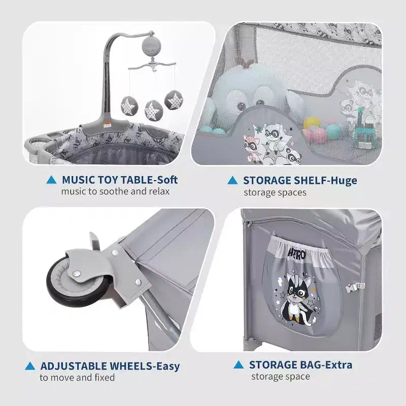 4-in-1 Baby Bassinet & Playard-Light Gray Portable Crib with Changing Table,Zip Door & Toy Bar - Locking Wheels & Storage for Newborns to Toddlers