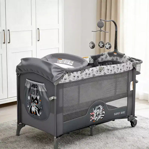 Berceau et parc pour bébé 4 en 1 - Lit portable gris clair avec table à langer, porte zippée et arche de jouets - Roues verrouillables et rangement pour nouveau-nés et tout-petants