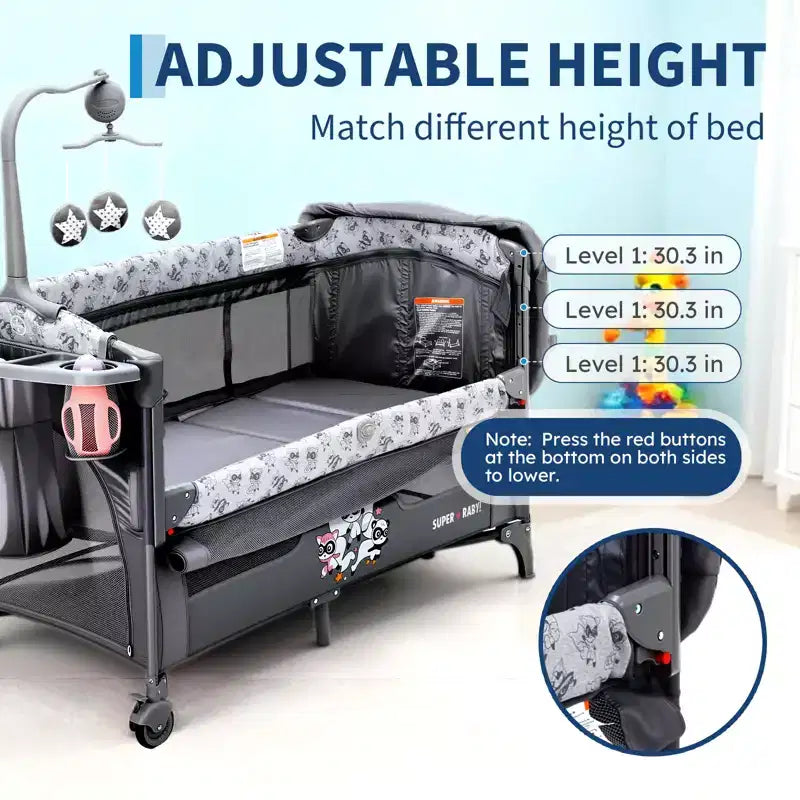 4-in-1 Baby Bassinet & Playard-Light Gray Portable Crib with Changing Table,Zip Door & Toy Bar - Locking Wheels & Storage for Newborns to Toddlers
