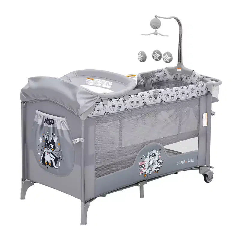 4-in-1 Baby Bassinet & Playard-Light Gray Portable Crib with Changing Table,Zip Door & Toy Bar - Locking Wheels & Storage for Newborns to Toddlers