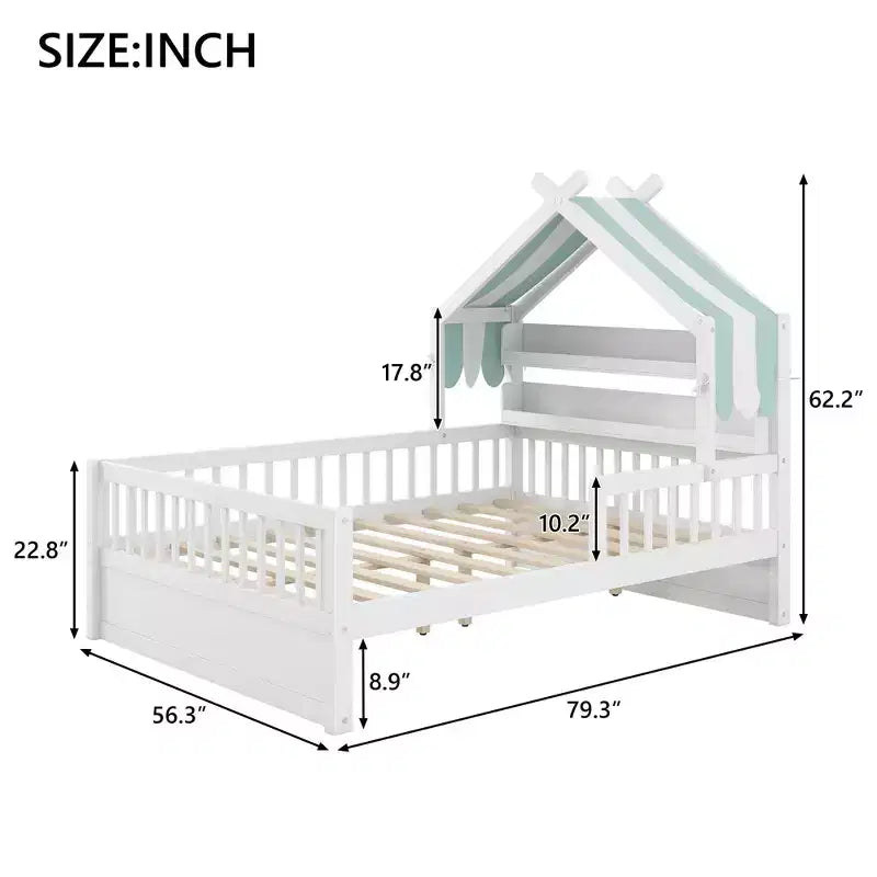 Luxystar Full Size Wood House Bed Frame with Storage Headboard Shelf and Canopy for Kid's Room
