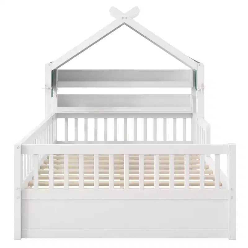 Luxystar Full Size Wood House Bed Frame with Storage Headboard Shelf and Canopy for Kid's Room