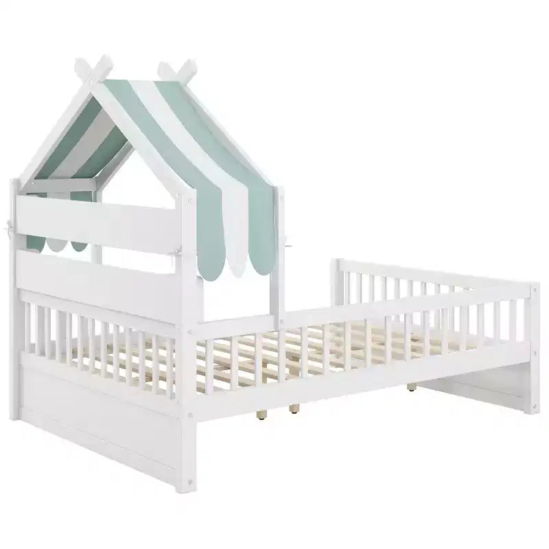 Luxystar Full Size Wood House Bed Frame with Storage Headboard Shelf and Canopy for Kid's Room