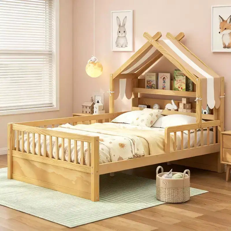 Luxystar Full Size Wood House Bed Frame with Storage Headboard Shelf and Canopy for Kid's Room