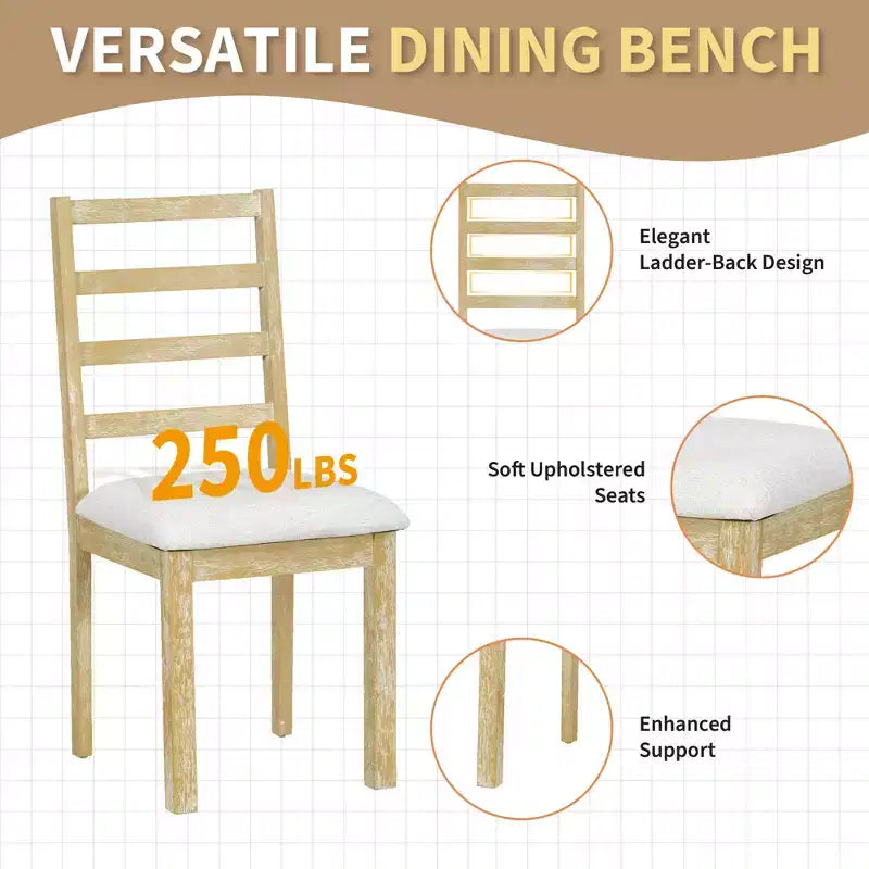GDFStudio Zayd 6 Piece Dining Set with Extendable Pedestal Table, Ladder Back Chairs and Bench