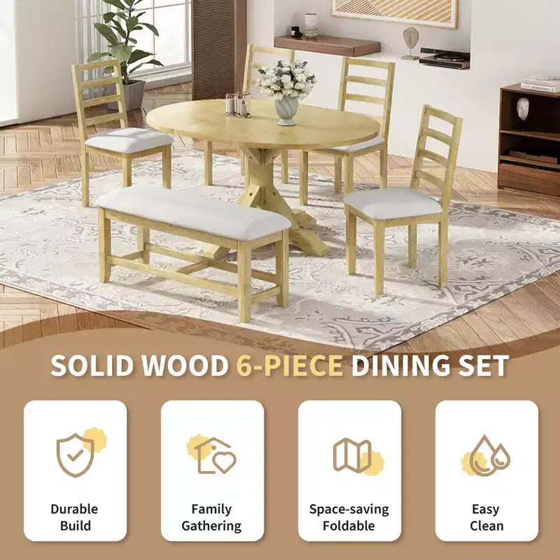 GDFStudio Zayd 6 Piece Dining Set with Extendable Pedestal Table, Ladder Back Chairs and Bench