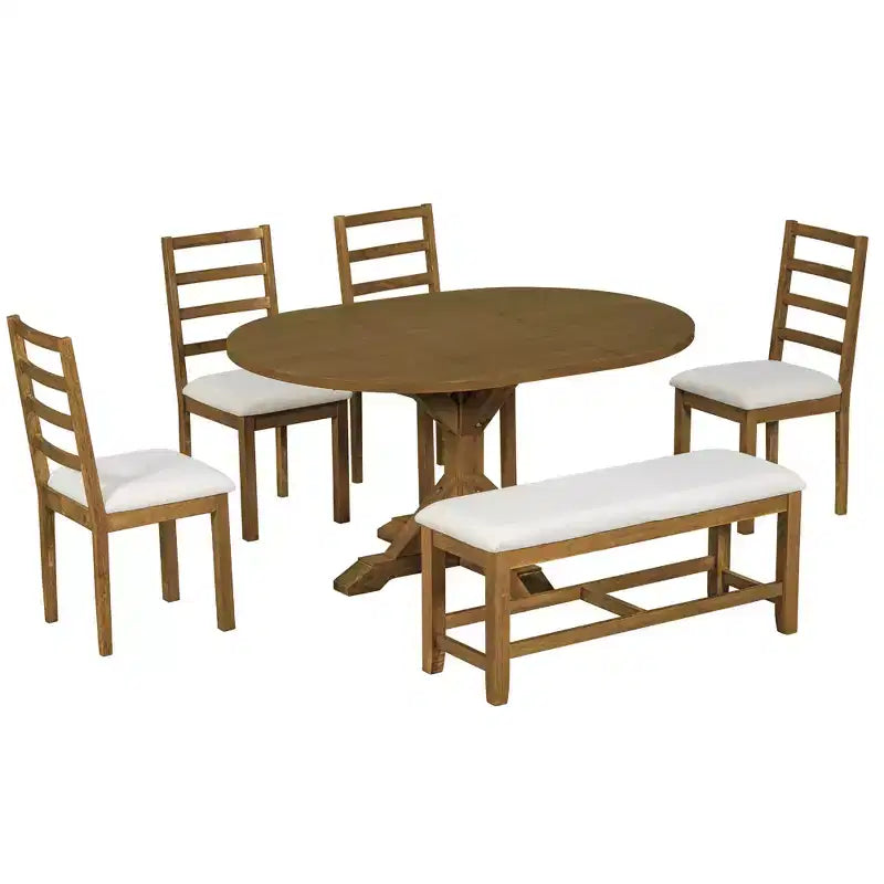 GDFStudio Zayd 6 Piece Dining Set with Extendable Pedestal Table, Ladder Back Chairs and Bench