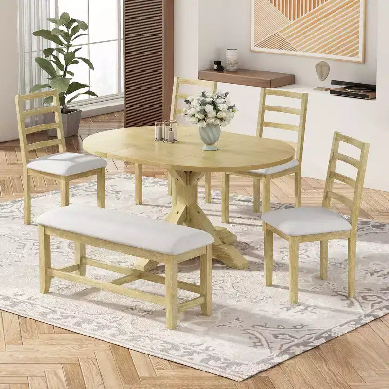 Ensemble de salle à manger GDFStudio Zayd 6 pièces avec table à pied central extensible, chaises à dossier échelle et banc
