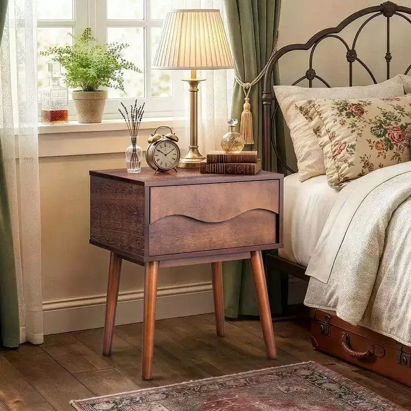 Karl Home Brown P2 MDF Nightstand Tall Legs Handleless 1 Drawer 20.1 Inch