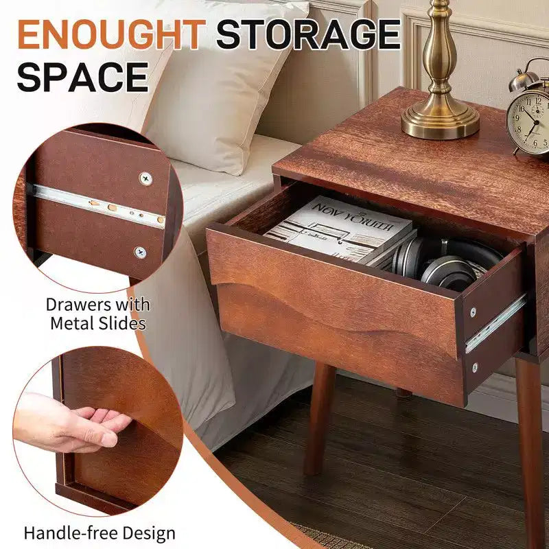Karl Home Brown P2 MDF Nightstand Tall Legs Handleless 1 Drawer 20.1 Inch