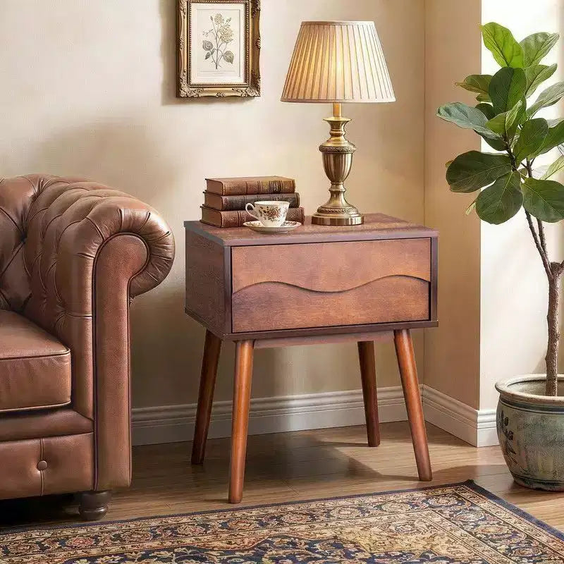 Karl Home Brown P2 MDF Nightstand Tall Legs Handleless 1 Drawer 20.1 Inch