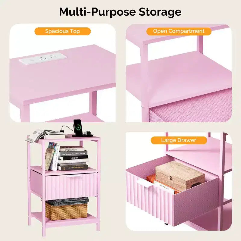 Karl Home 15 Inches Wide Nightstand with 1 Drawer 2 Shelves and US Power Outlet