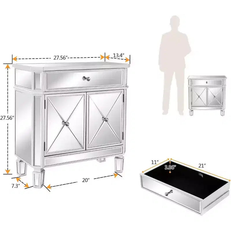 Karl Home 27.56 Inch One Drawer Two Door Mirrored Dresser