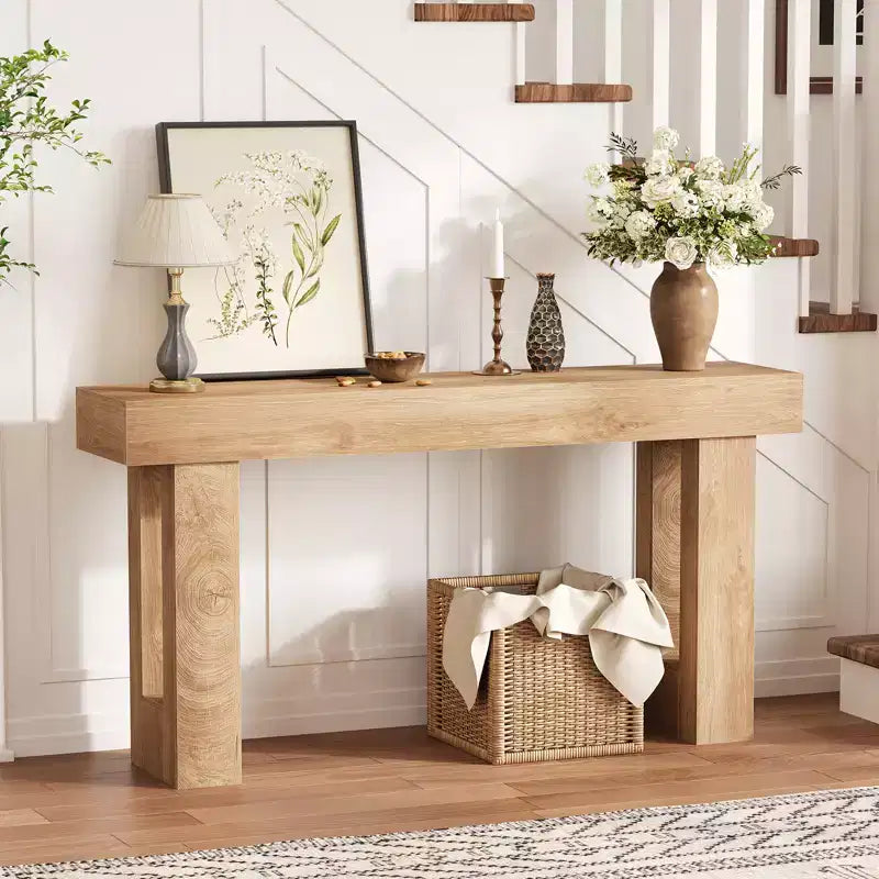 63 Long Wooden Narrow Couch Table Behind Sofa, Farmhouse Entryway Console for Living Room Bedroom Hallway Easy Assembly, Natural Wood
