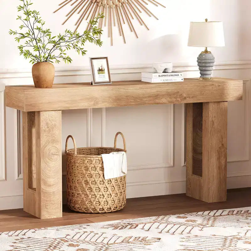 63 Long Wooden Narrow Couch Table Behind Sofa, Farmhouse Entryway Console for Living Room Bedroom Hallway Easy Assembly, Natural Wood