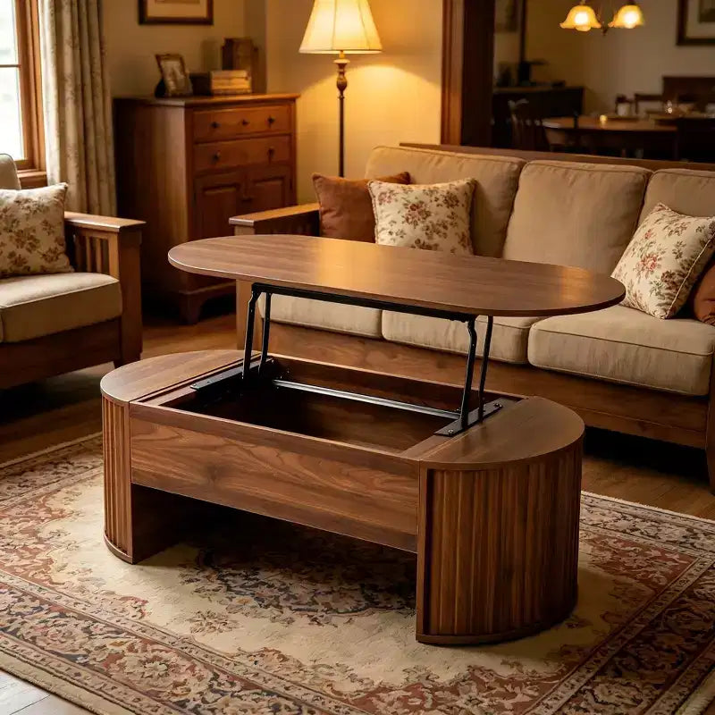 JVNOXK 47.2''Lift Top Coffee Table with Hidden Compartment, Partially Assembled Wooden Center Table, Oval Lift Tabletop for Home Living Room,Brown