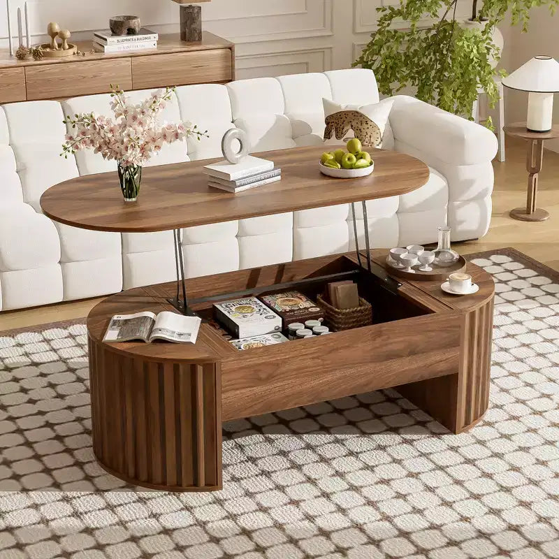 JVNOXK 47.2''Lift Top Coffee Table with Hidden Compartment, Partially Assembled Wooden Center Table, Oval Lift Tabletop for Home Living Room,Brown