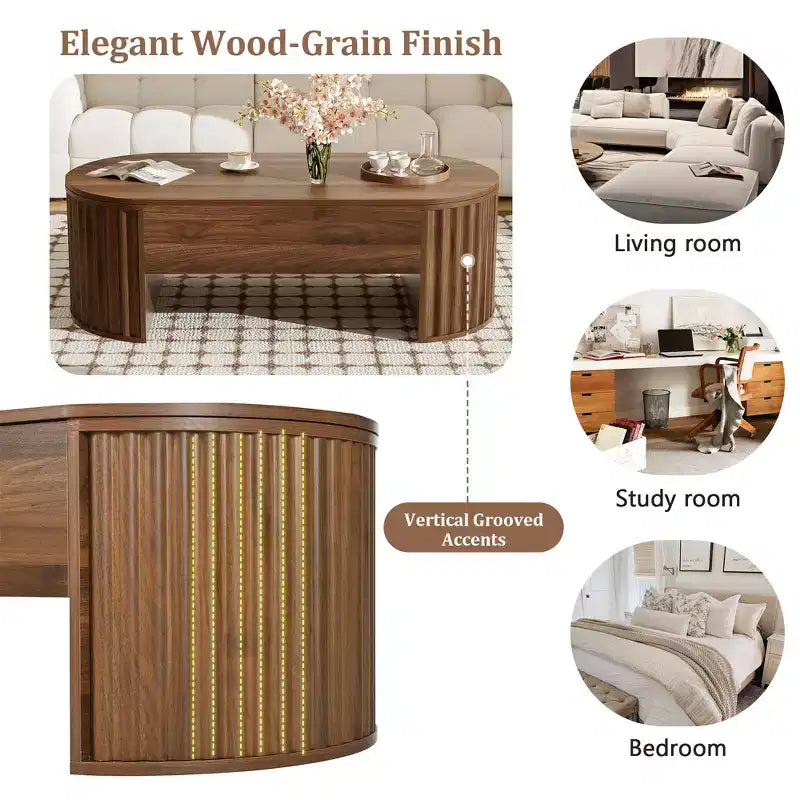 JVNOXK 47.2''Lift Top Coffee Table with Hidden Compartment, Partially Assembled Wooden Center Table, Oval Lift Tabletop for Home Living Room,Brown