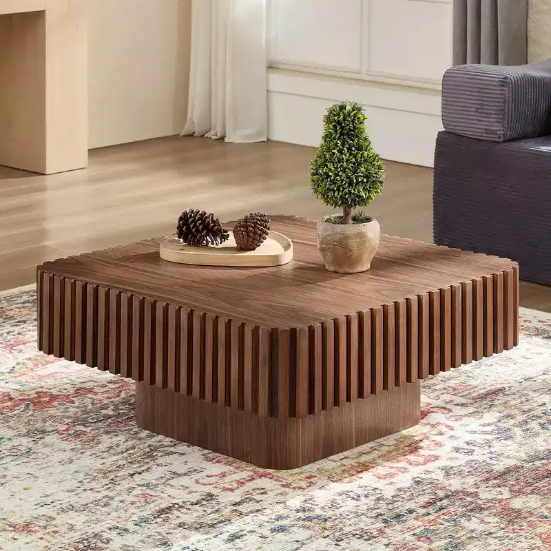 JVNOXK 31.5 Inch Modern Handcraft Drum Coffee Table Square Coffee Table for Living Room,with Sturdy MDF Pedesta,Walnut