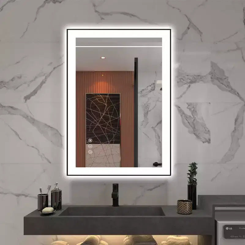 SUMERAIN LED Bathroom Vanity Mirror 20x28 Anti-Fog, Dimmable, 3 Color, Tempered Glass, Black Frame