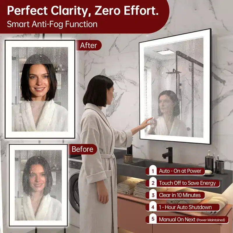 SUMERAIN LED Bathroom Vanity Mirror 20x28 Anti-Fog, Dimmable, 3 Color, Tempered Glass, Black Frame