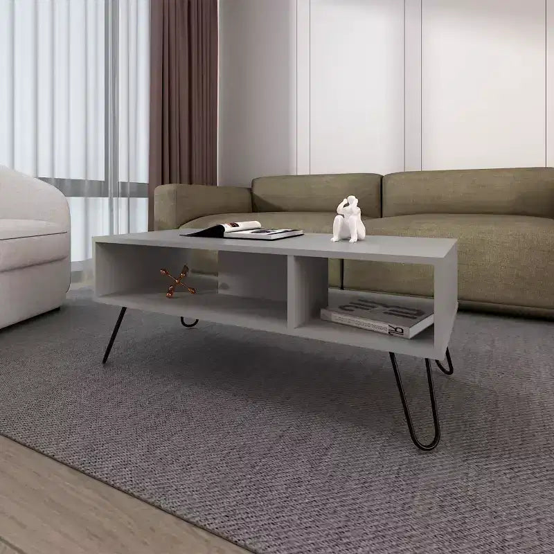Smoke Finish Coffee Table with 2 Shelves, Modern Sophisticated Storage Display Table for Spacious Living Areas