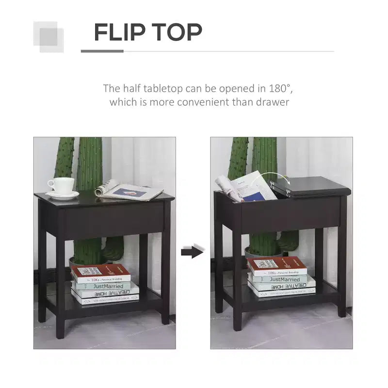 HOMCOM Dark Coffee Narrow End Table, Flip Top Side Table with Storage Cabinet Bottom Shelf for Living Room Office