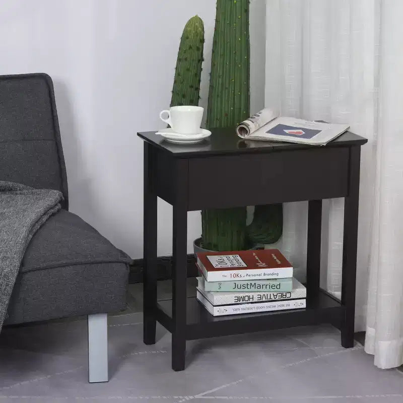 HOMCOM Dark Coffee Narrow End Table, Flip Top Side Table with Storage Cabinet Bottom Shelf for Living Room Office