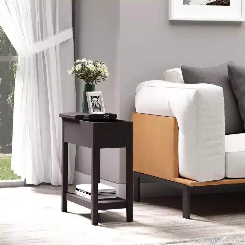 HOMCOM Dark Coffee Narrow End Table, Flip Top Side Table with Storage Cabinet Bottom Shelf for Living Room Office