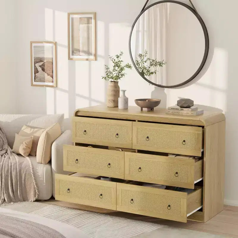 Woven-Style 6-Drawer Dresser for Bedroom, Wide Storage Chest with Textured Fronts