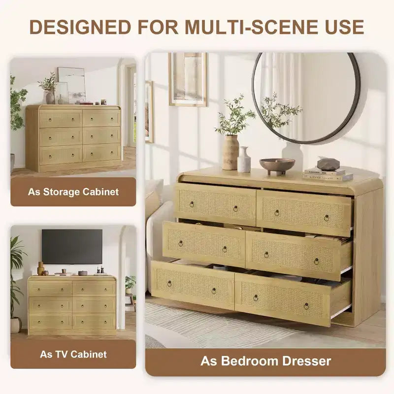 Woven-Style 6-Drawer Dresser for Bedroom, Wide Storage Chest with Textured Fronts