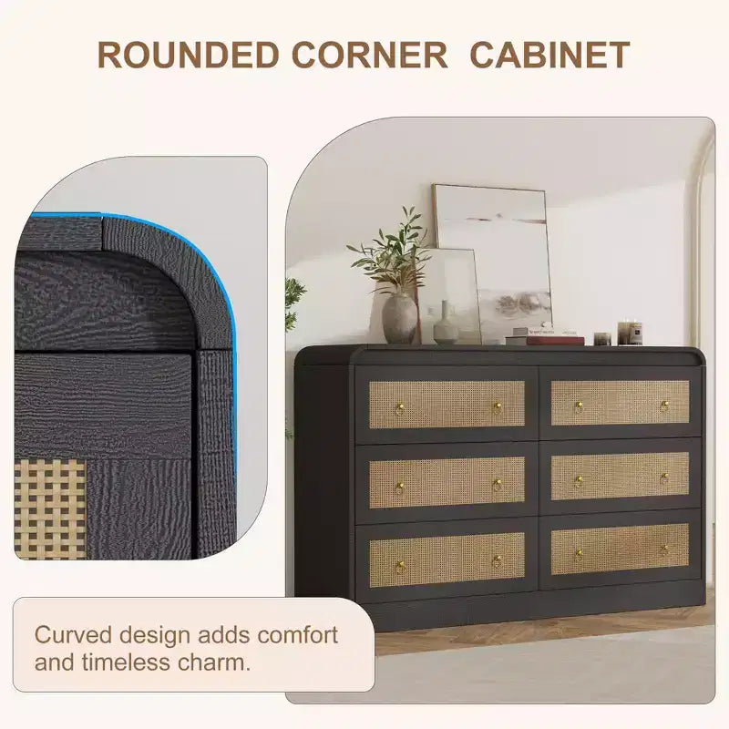 Woven-Style 6-Drawer Dresser for Bedroom, Wide Storage Chest with Textured Fronts