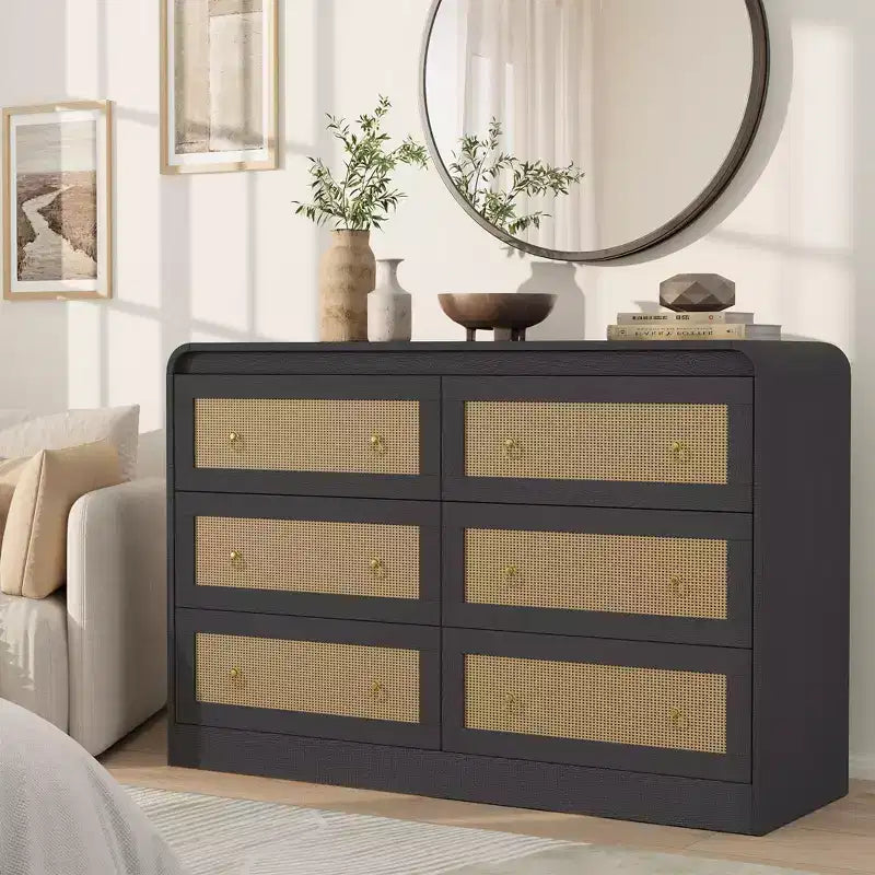 Woven-Style 6-Drawer Dresser for Bedroom, Wide Storage Chest with Textured Fronts