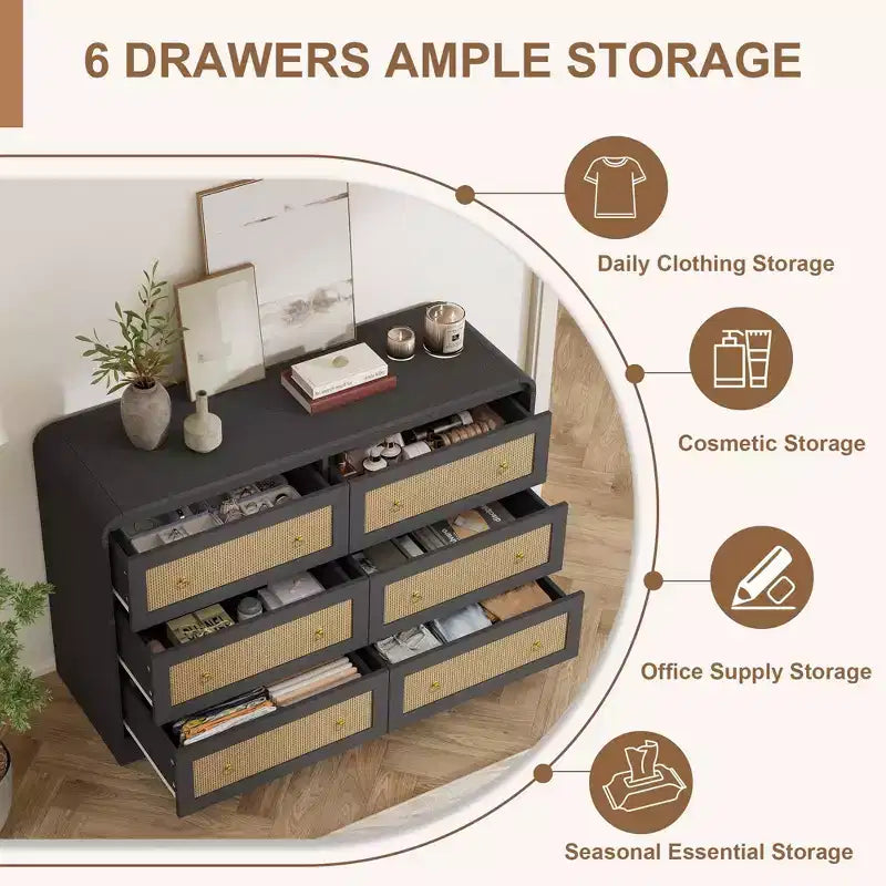 Woven-Style 6-Drawer Dresser for Bedroom, Wide Storage Chest with Textured Fronts