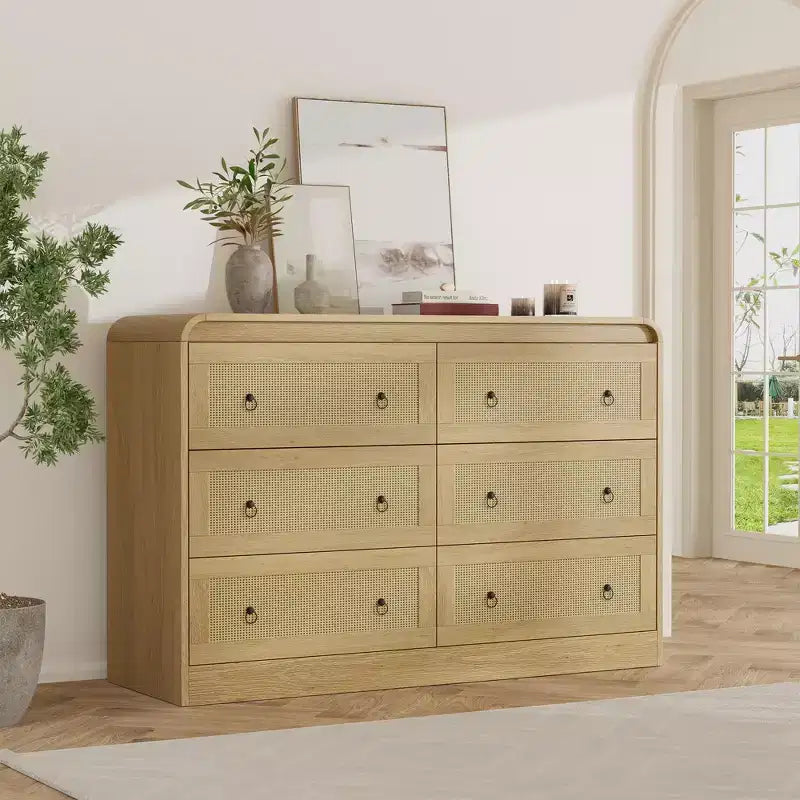 Woven-Style 6-Drawer Dresser for Bedroom, Wide Storage Chest with Textured Fronts