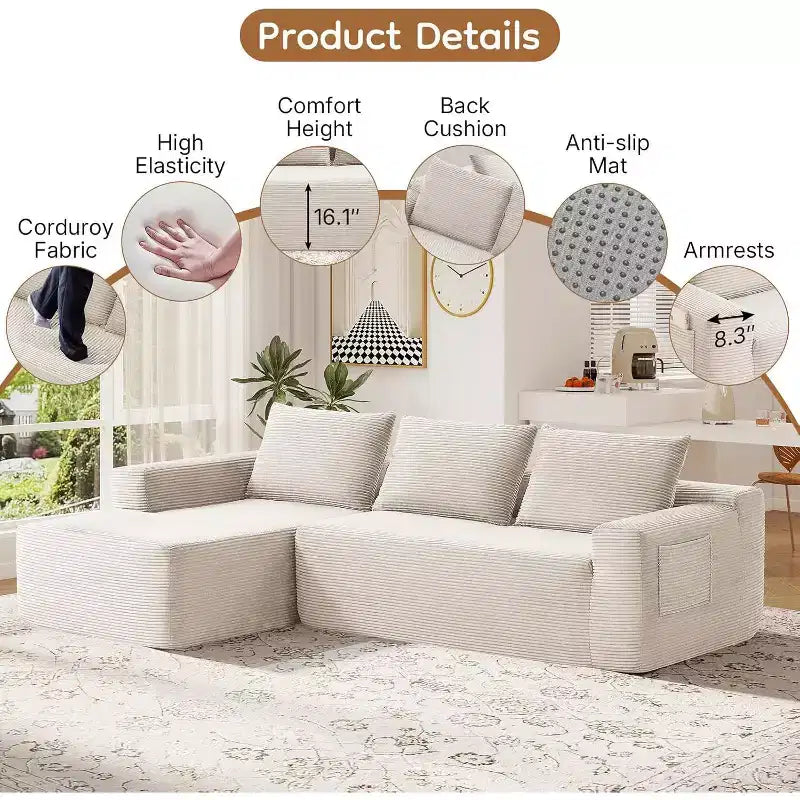 MooxvMoo 97 L-Shaped Modular Sectional Sofa, Boneless Couch with Left Facing Chaise, Deep Seats for Living Room, White