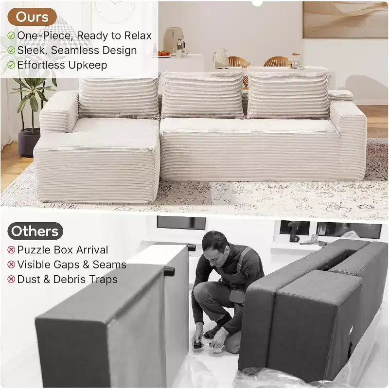 MooxvMoo 97 L-Shaped Modular Sectional Sofa, Boneless Couch with Left Facing Chaise, Deep Seats for Living Room, White