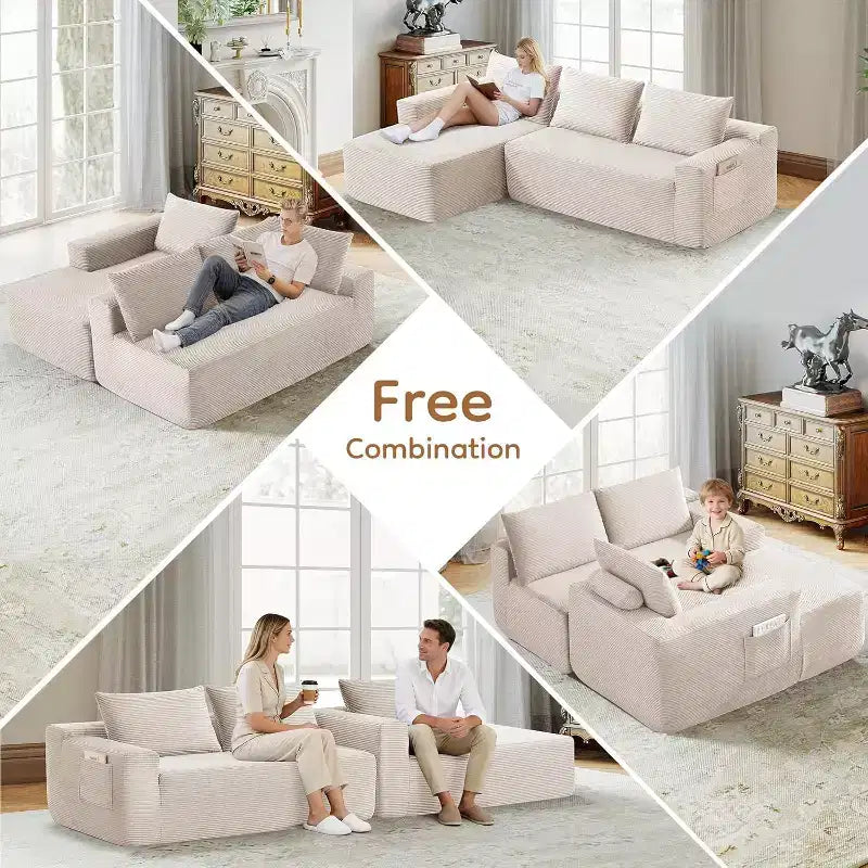 MooxvMoo 97 L-Shaped Modular Sectional Sofa, Boneless Couch with Left Facing Chaise, Deep Seats for Living Room, White