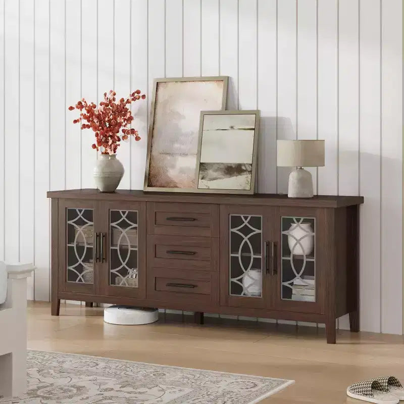 Farmhouse TV Stand for 75 Inch TVs, Wooden Entertainment Center w/ 3 Drawers & 2 Glass-Front Cabinets, Media Console Table for Living Room
