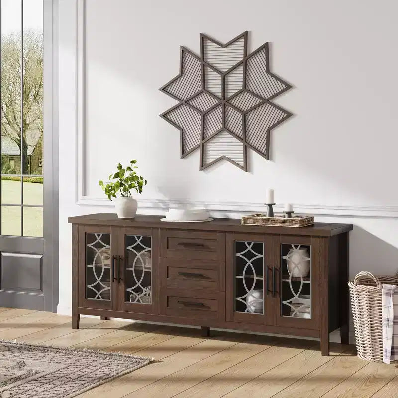 Farmhouse TV Stand for 75 Inch TVs, Wooden Entertainment Center w/ 3 Drawers & 2 Glass-Front Cabinets, Media Console Table for Living Room