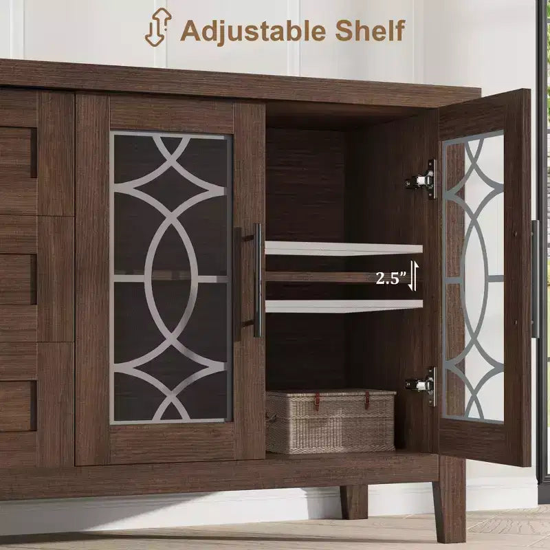 Farmhouse TV Stand for 75 Inch TVs, Wooden Entertainment Center w/ 3 Drawers & 2 Glass-Front Cabinets, Media Console Table for Living Room