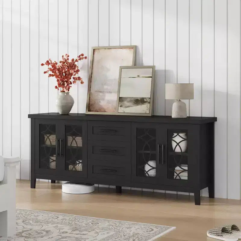 Farmhouse TV Stand for 75 Inch TVs, Wooden Entertainment Center w/ 3 Drawers & 2 Glass-Front Cabinets, Media Console Table for Living Room