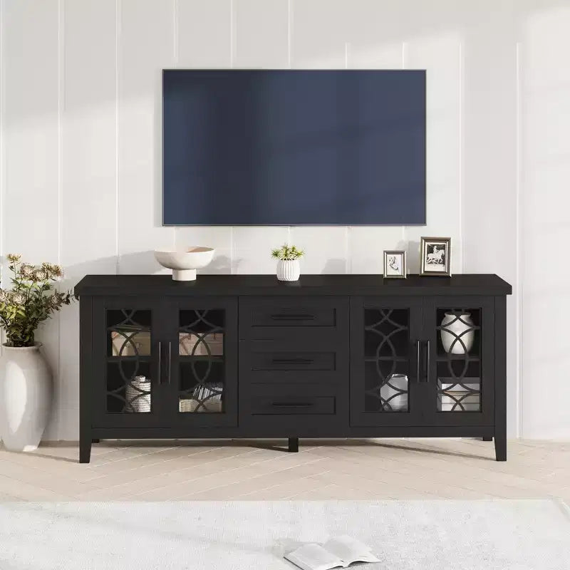 Farmhouse TV Stand for 75 Inch TVs, Wooden Entertainment Center w/ 3 Drawers & 2 Glass-Front Cabinets, Media Console Table for Living Room