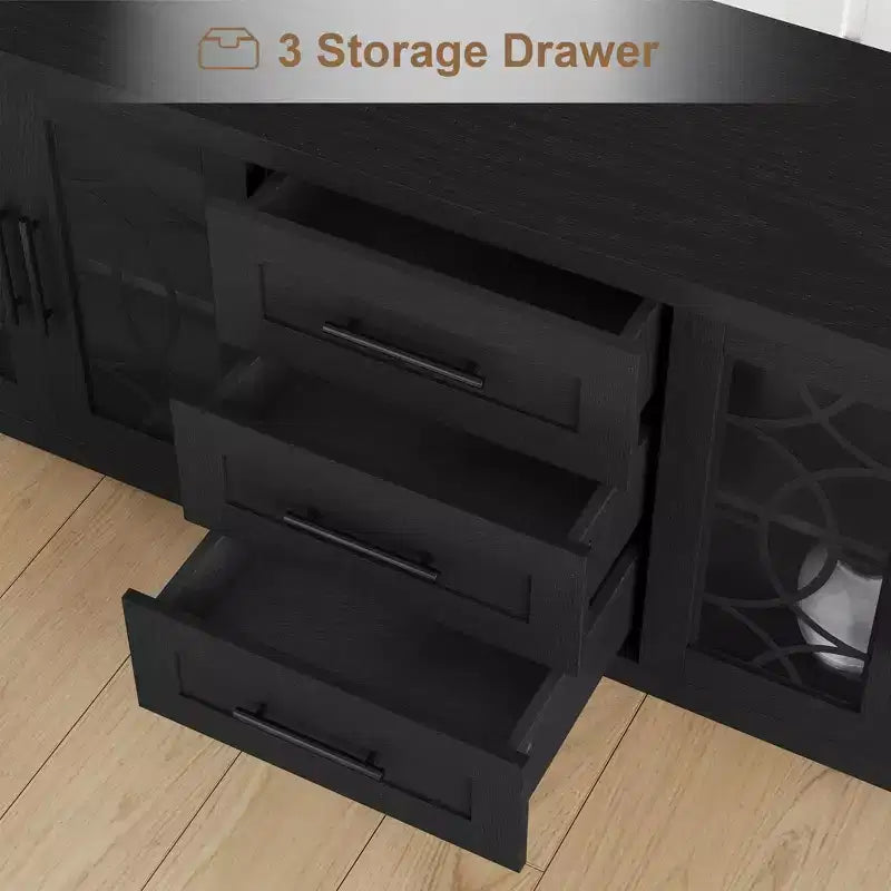 Farmhouse TV Stand for 75 Inch TVs, Wooden Entertainment Center w/ 3 Drawers & 2 Glass-Front Cabinets, Media Console Table for Living Room