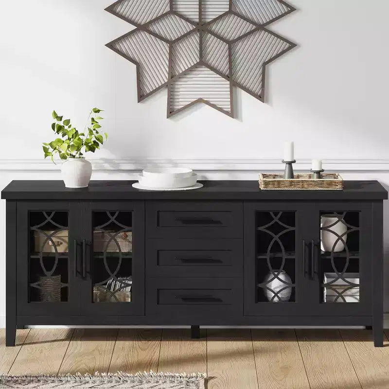 Farmhouse TV Stand for 75 Inch TVs, Wooden Entertainment Center w/ 3 Drawers & 2 Glass-Front Cabinets, Media Console Table for Living Room