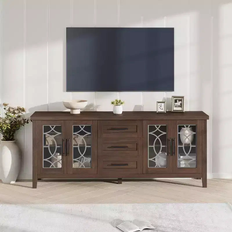 Meuble TV de ferme pour téléviseurs de 75 pouces, meuble de divertissement en bois avec 3 tiroirs et 2 placards à façade en verre, console multimédia pour salon