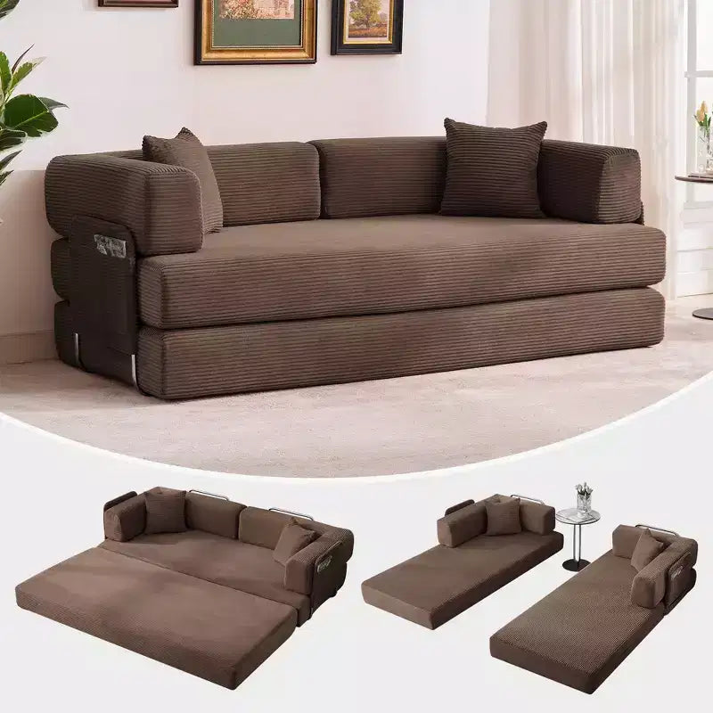 Modern 79 Corduroy Futon Sofa Bed for Small Spaces, 5-in-1 Convertible Sleeper Couch with Removable Armrests & Pillows