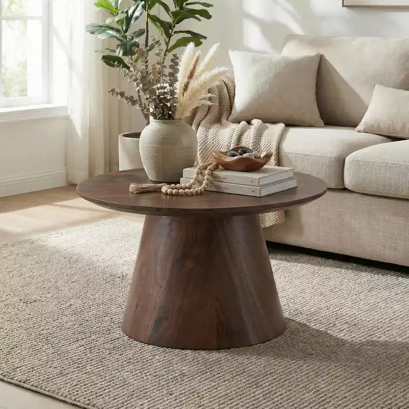 JVNOXK Walnut wood grain medium density fiberboard circular coffee table - diameter 23.6 inches, height 13.7 inches