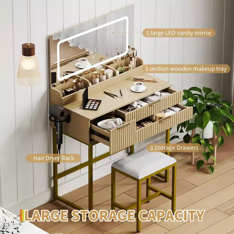 Makeup Vanity Desk with Mirror & Lights, Storage Drawers & Stool for Bedroom